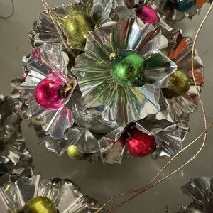 Vintage atomic metallic round Christmas ornaments with mercury beads